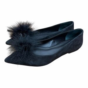 Larroude Lee Pom Pom Ballet Flats Womens size 10 Black Leather Suede Pointed Toe
